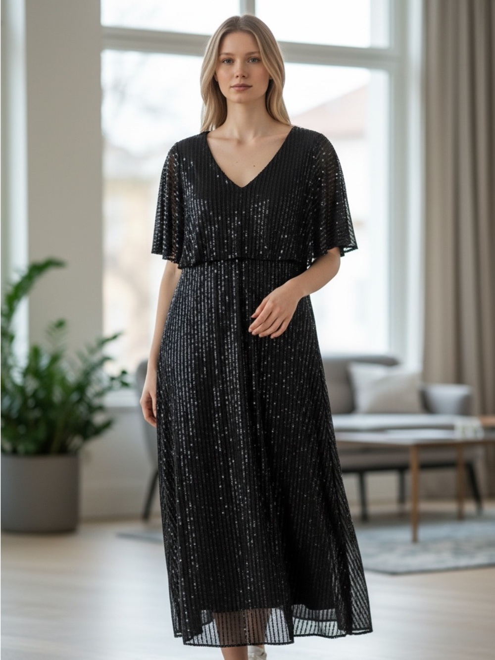 Giffniseti Sequin Gown Women 2XL Black Capelet Sleeve V-Neck Formal Maxi Dress